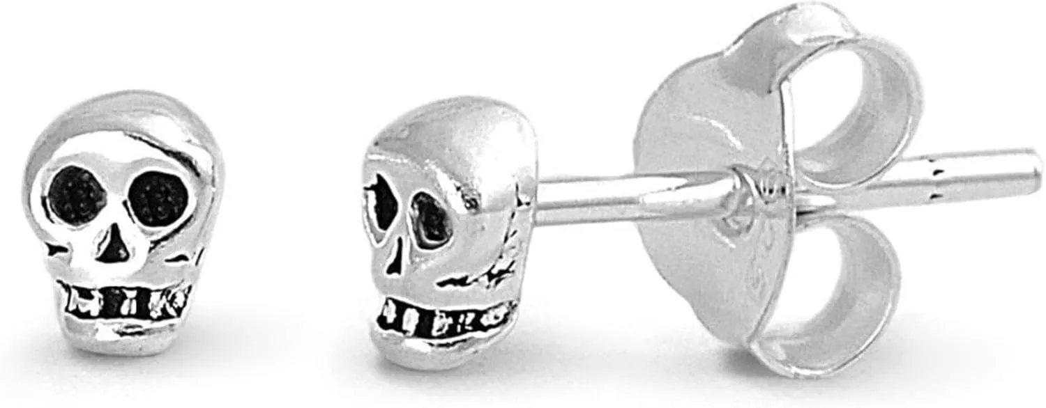 Rhodium/Yellow Gold/Rose Gold Plated Sterling Silver Womans Tiny Skull Stud Earrings