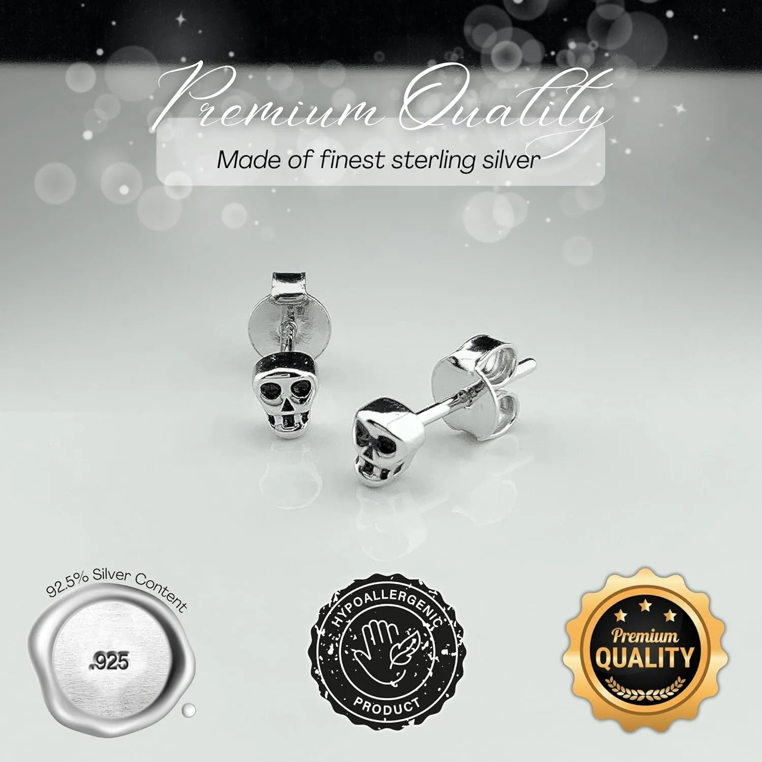 Rhodium/Yellow Gold/Rose Gold Plated Sterling Silver Womans Tiny Skull Stud Earrings