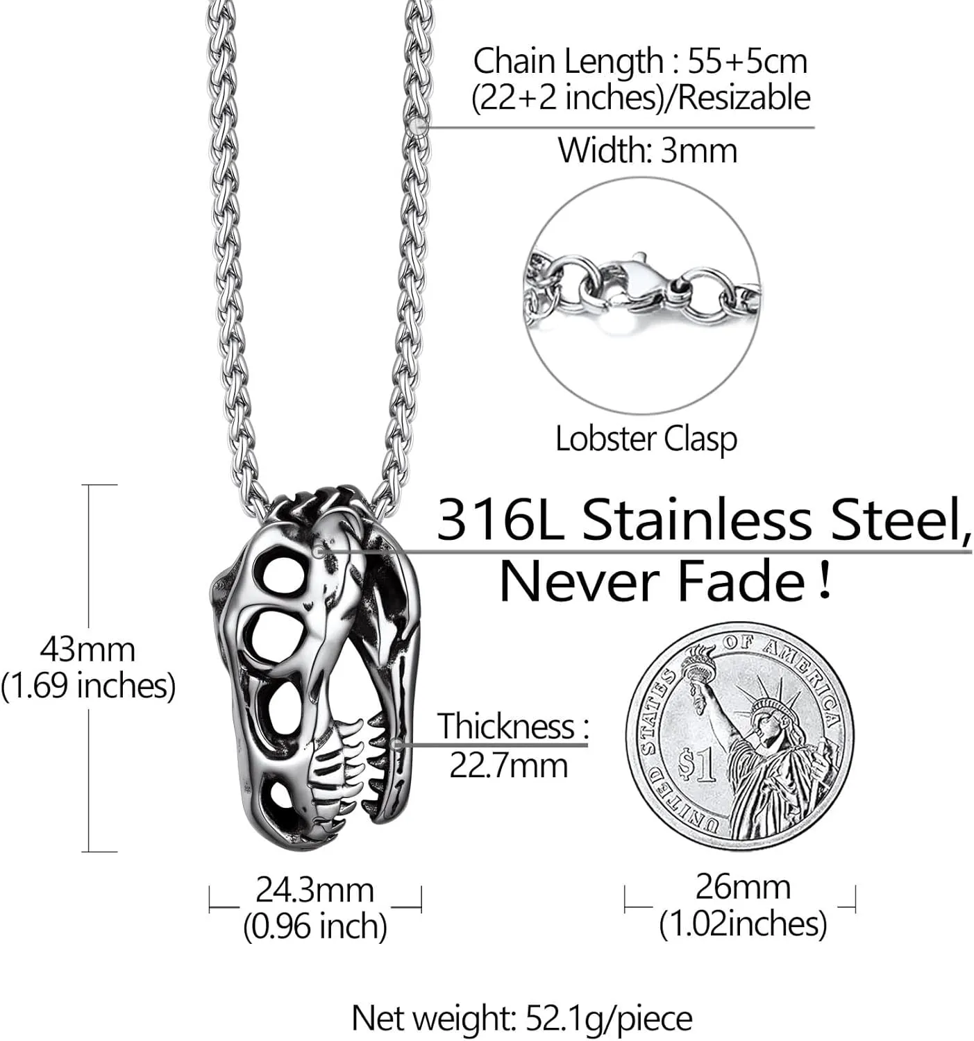 Richsteel Crocodile Dinosaur Raven T-Rex Skeleton Necklace for Men Punk Animal Fossil Jewelry