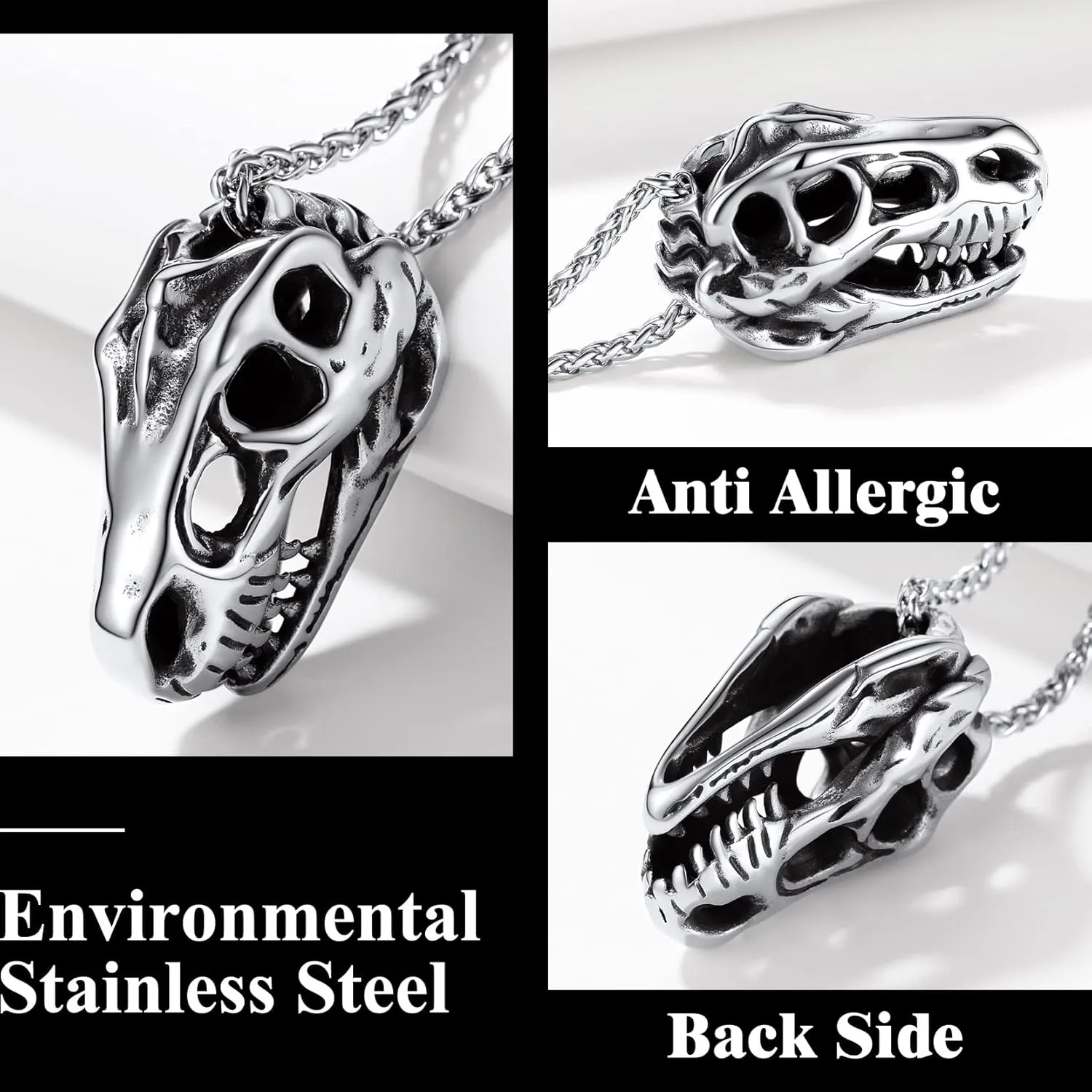 Richsteel Crocodile Dinosaur Raven T-Rex Skeleton Necklace for Men Punk Animal Fossil Jewelry