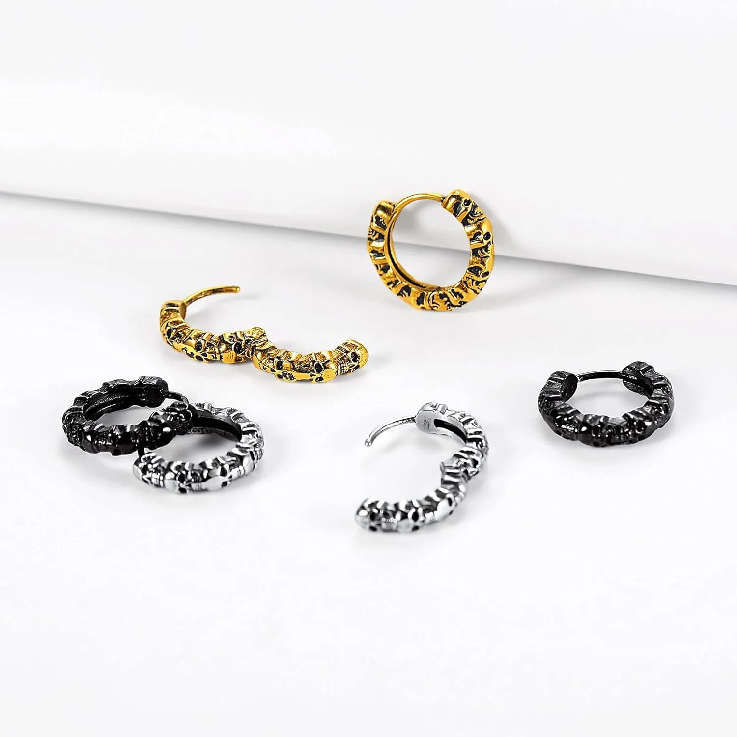 Richsteel Skull Earrings for Women Mens Gothic Stainless Steel/Gold/Black Plated Small Hoop Punk Snake/Dragon Jewelry