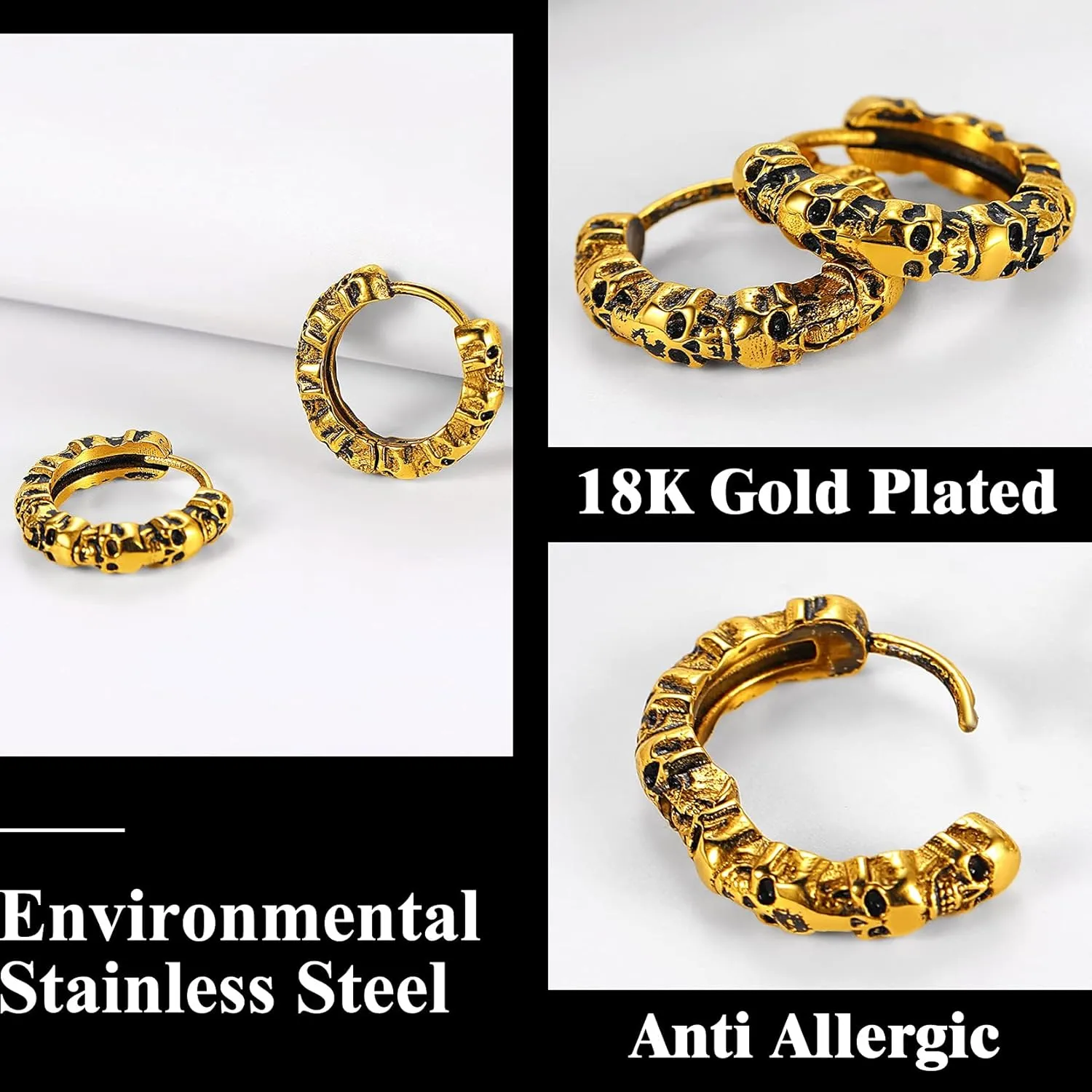Richsteel Skull Earrings for Women Mens Gothic Stainless Steel/Gold/Black Plated Small Hoop Punk Snake/Dragon Jewelry