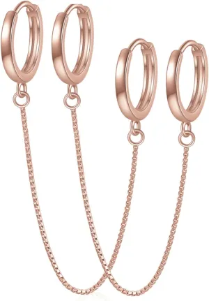 Rnivida 925 Sterling Silver Double Hoop Chains Earrings Double Piercing for Women,Dangle Hoop Earrings Two Holes Piercing Jewelry Gifts