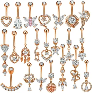 Rose Gold Belly Button Ring for Women 22Pcs Navel Rings Belly Piercing Pack Dangle Cute CZ Belly Small Hypoallergenic Belly Button Ring Reverse Piercings Jewelry