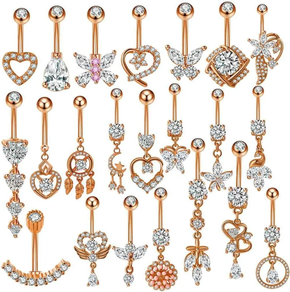 Rose Gold Belly Button Ring for Women 22Pcs Navel Rings Belly Piercing Pack Dangle Cute CZ Belly Small Hypoallergenic Belly Button Ring Reverse Piercings Jewelry