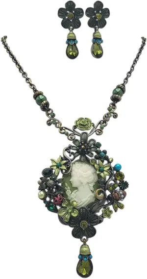 Rosemarie & Jubalee Women's Stunning Burnished Gold Tone And Green Victorian Style Cameo With Crystal Adorned Ornate Metal Flower Frame Necklace And Earrings Gift Set, 20" 3.5" Extender
