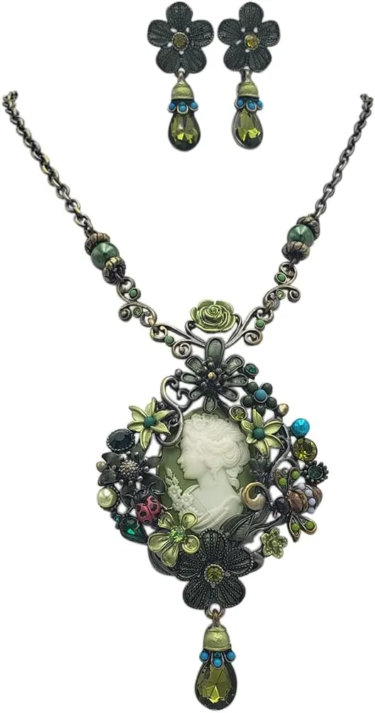 Rosemarie & Jubalee Women's Stunning Burnished Gold Tone And Green Victorian Style Cameo With Crystal Adorned Ornate Metal Flower Frame Necklace And Earrings Gift Set, 20" 3.5" Extender