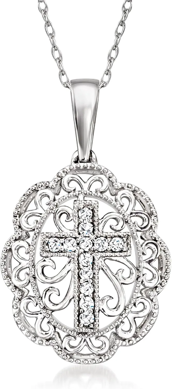Ross-Simons 0.20 ct. t.w. Diamond Cross Filigree Pendant Necklace in Sterling Silver