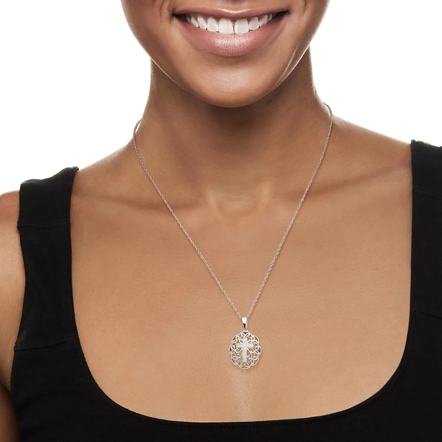 Ross-Simons 0.20 ct. t.w. Diamond Cross Filigree Pendant Necklace in Sterling Silver