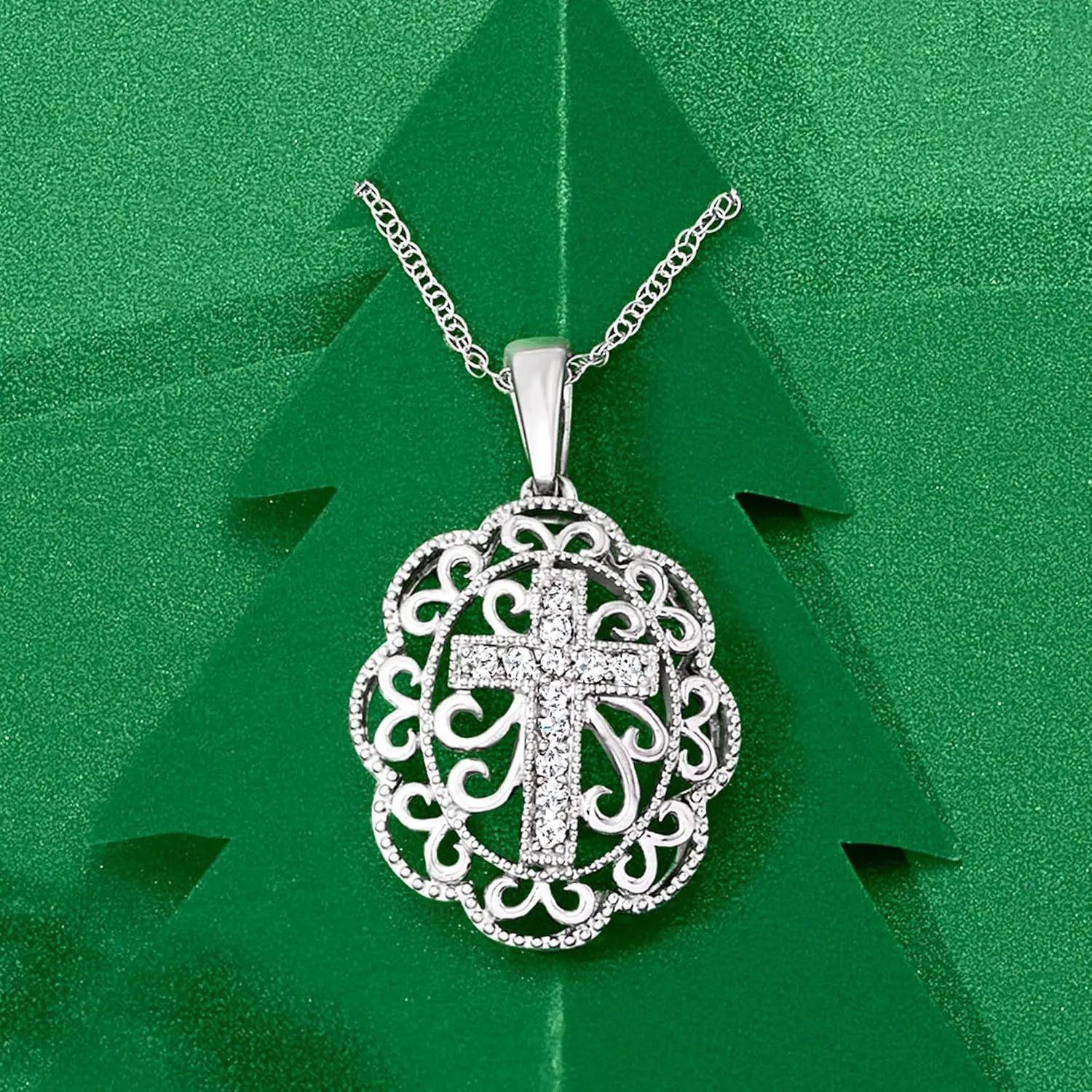 Ross-Simons 0.20 ct. t.w. Diamond Cross Filigree Pendant Necklace in Sterling Silver