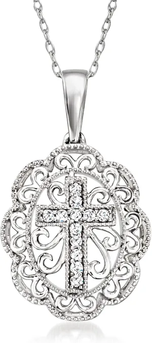 Ross-Simons 0.20 ct. t.w. Diamond Cross Filigree Pendant Necklace in Sterling Silver