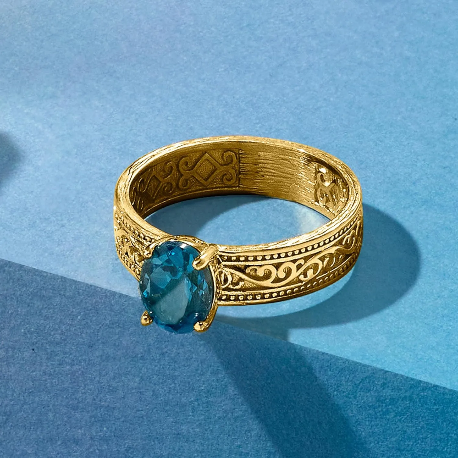 Ross-Simons 1.50 Carat London Blue Topaz Scrollwork Ring in 18kt Gold Over Sterling