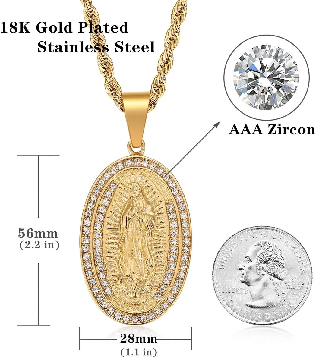 ROWIN&CO Mens 18K Gold Hip Hop Iced Out Bling Micro Pave Artificial Diamond Oval Virgin Mary CZ Pendant with 20/24/30 inchs Gold Rope Chain