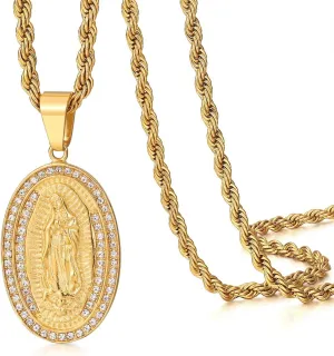 ROWIN&CO Mens 18K Gold Hip Hop Iced Out Bling Micro Pave Artificial Diamond Oval Virgin Mary CZ Pendant with 20/24/30 inchs Gold Rope Chain