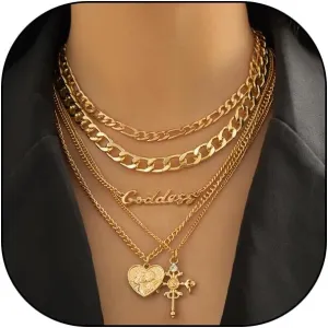 Rrdaily Chunky Gold Layered Heart Cross Necklace Set for Women, 14k Gold Stacked Cuba Chain Letter Choker Crucifix Statement Necklace Trendy Neck Jewelry Set