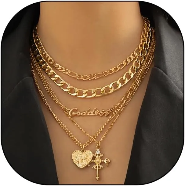 Rrdaily Chunky Gold Layered Heart Cross Necklace Set for Women, 14k Gold Stacked Cuba Chain Letter Choker Crucifix Statement Necklace Trendy Neck Jewelry Set