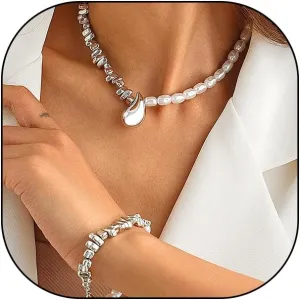 Rrdaily Silver Pearl Heart Teardrop Jewelry Set for Women,Trendy Punk Splicing Beaded Choker Clavicle Necklace,Delicate Hip Hop Party Band Jewelry Gifts