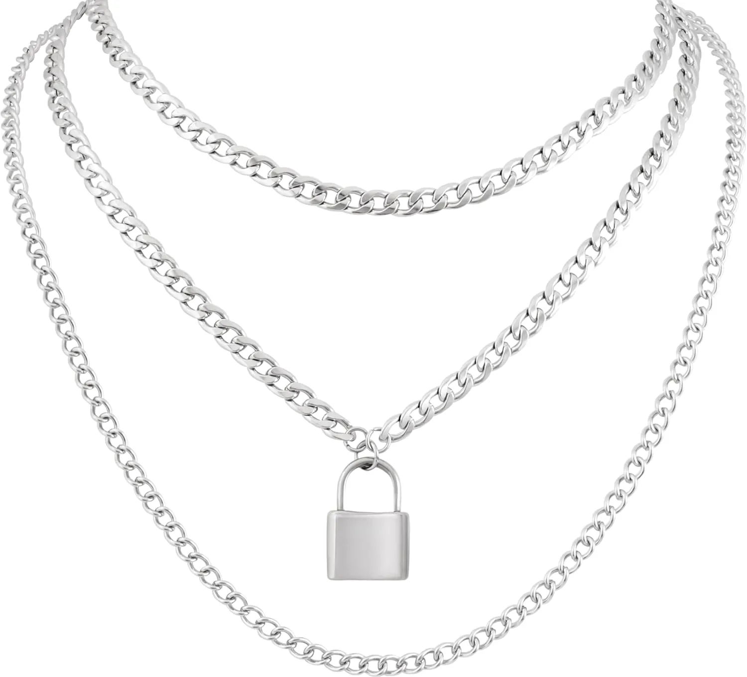 Sacina Gothic Silver-Tone Layered Lock Pendant Necklace, Lock Grunge Gothic Necklace, Christmas Jewelry Gift For Women