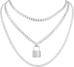 Sacina Gothic Silver-Tone Layered Lock Pendant Necklace, Lock Grunge Gothic Necklace, Christmas Jewelry Gift For Women