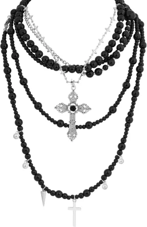 Sacina Layered Black Imitaiton Pearl Cross Choker Necklace, Black Choker, Gothic Punk Grunge Emo Necklace, Goth Jewelry, Christmas Jewelry Gift for Women