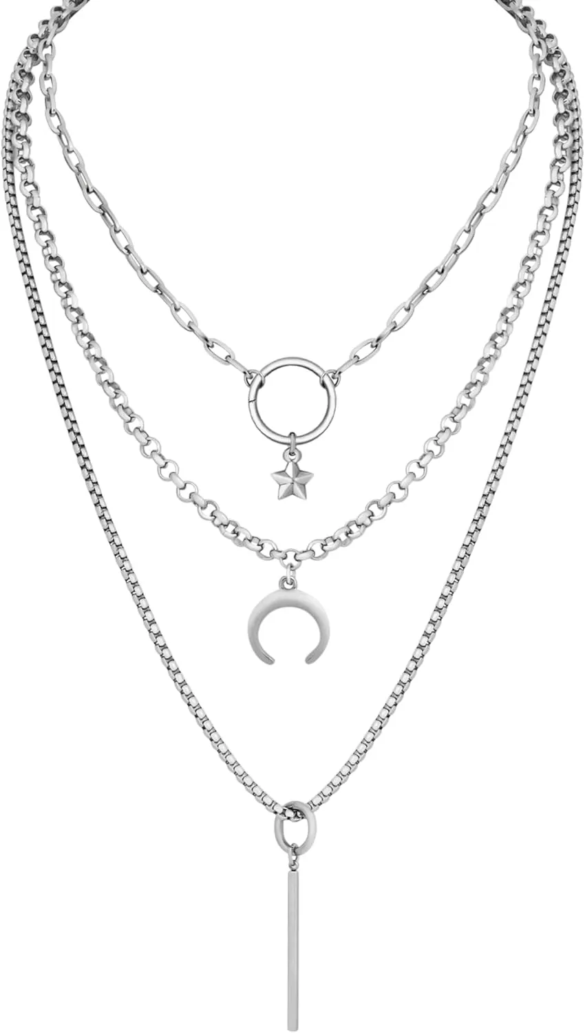 Sacina Layered Silver-tone Crescent Moon Star Bar Choker Necklace, Gothic Punk Grunge Emo Necklace, Goth Jewelry, Christmas Jewelry Gift for Women
