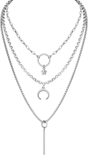 Sacina Layered Silver-tone Crescent Moon Star Bar Choker Necklace, Gothic Punk Grunge Emo Necklace, Goth Jewelry, Christmas Jewelry Gift for Women