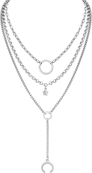 Sacina Layered Silver-tone Crescent Moon Star Choker Necklace, Gothic Punk Grunge Emo Necklace, Goth Jewelry, Christmas Jewelry Gift for Women