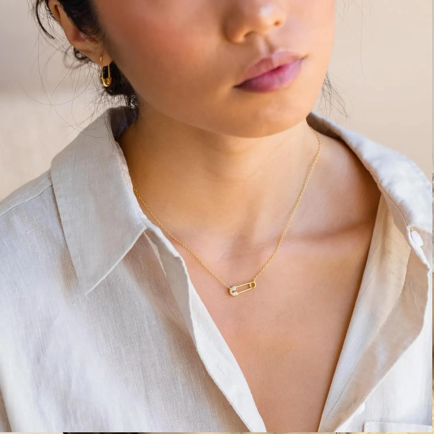 Safety Pin Necklace Paperclip Chain Necklace Gold Charm Necklace for Women Trendy Christmas Gifts Stocking Stuffers for Women
