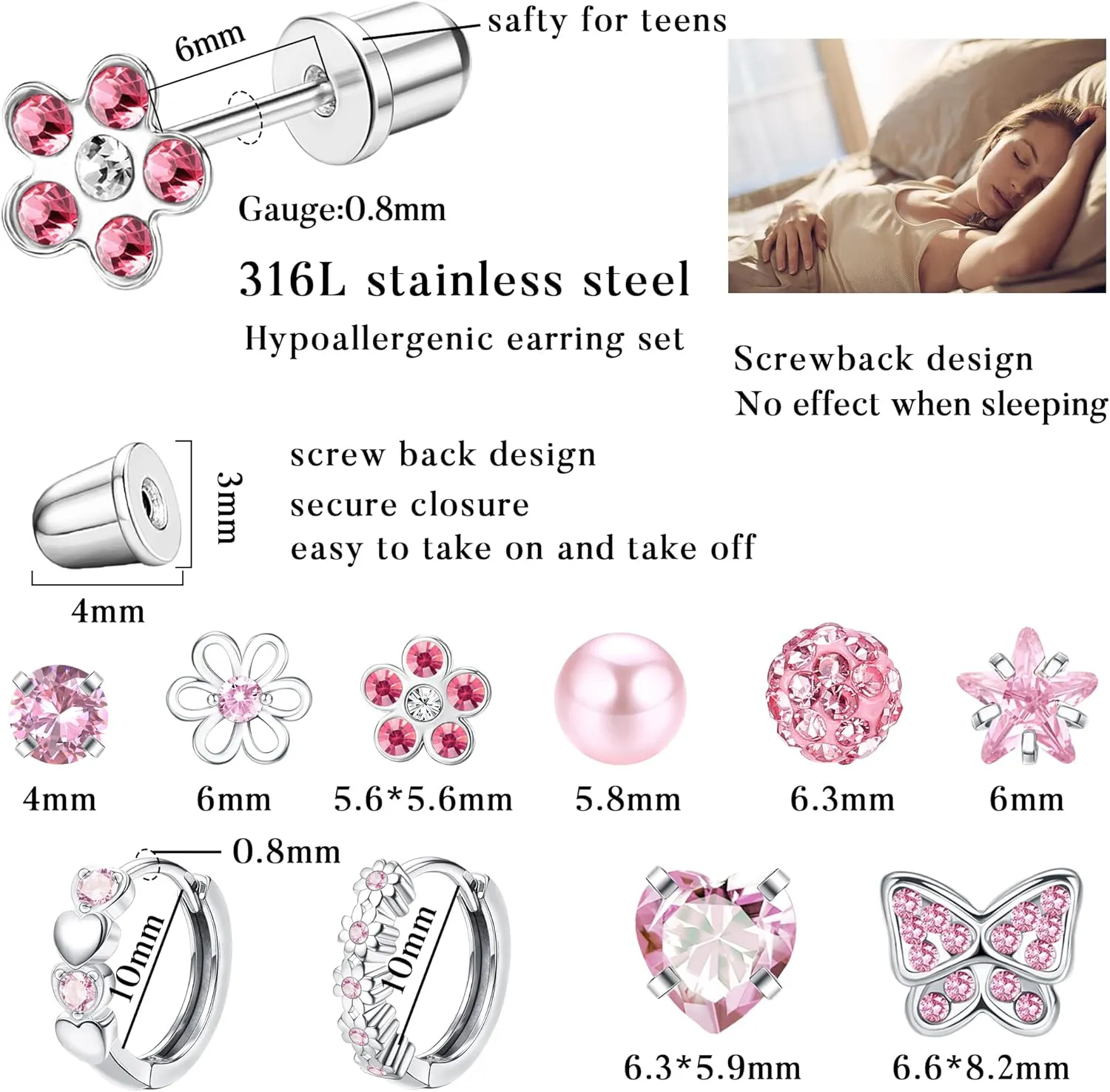 SAILIMUE Hypoallergenic Earrings for Girls Women Surgical Steel Cute Baby Kids Toddler Earrings Screw Back earring Stud Hoop Earring Set 10Pairs Christmas Gifts