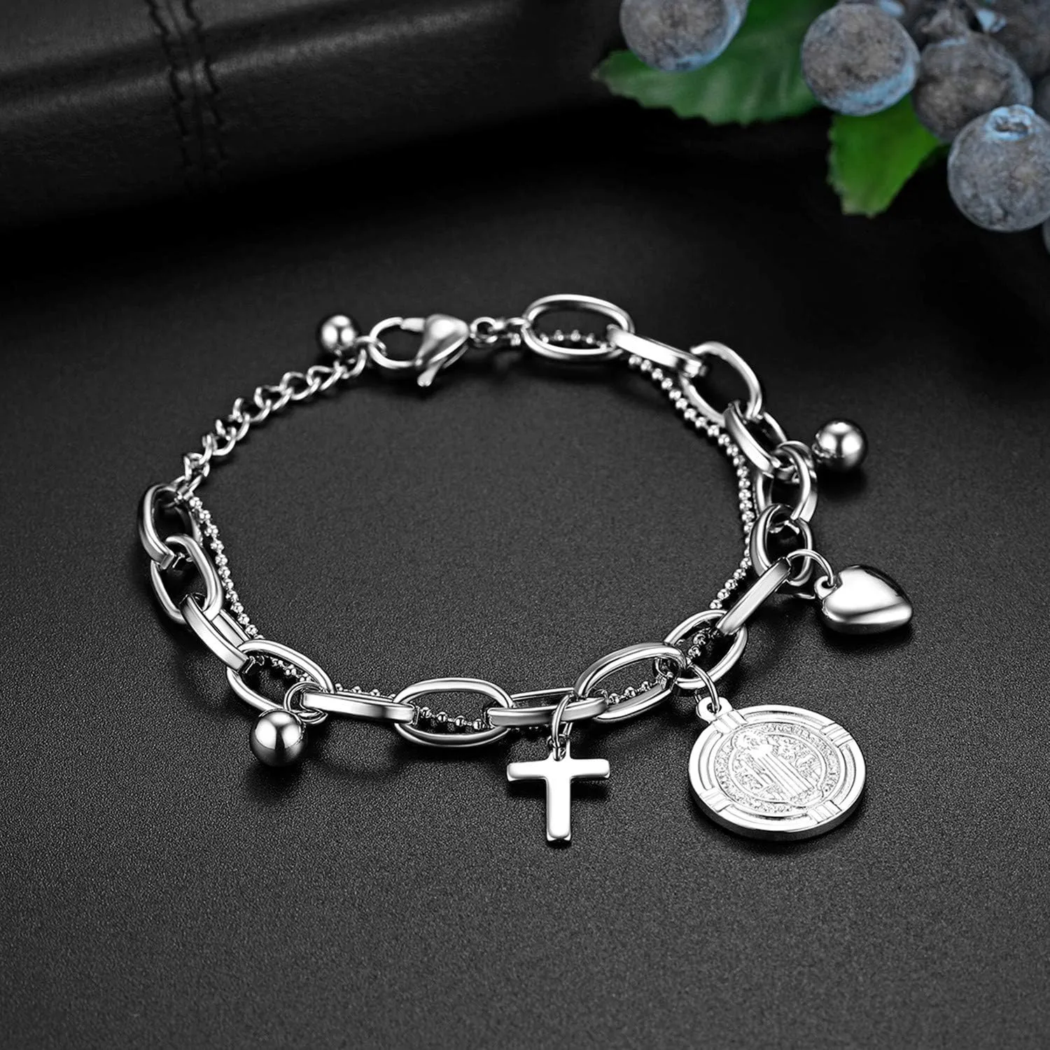 Saint Benedict Cross Bracelet for Women, Silver Stainless Steel Adjustable Layered Link Paperclip Bracelets Jewelry Gifts