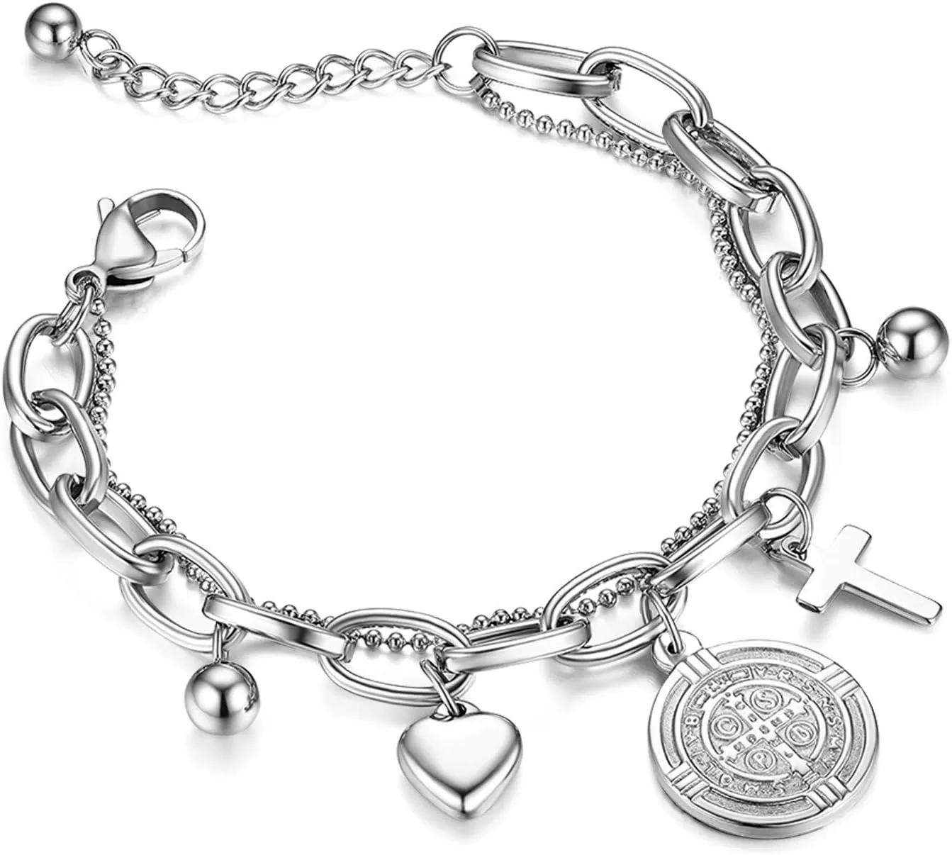 Saint Benedict Cross Bracelet for Women, Silver Stainless Steel Adjustable Layered Link Paperclip Bracelets Jewelry Gifts