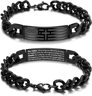 Saintda American Flag Dog Tag Cross Bracelet for Men - 13.5 Inch Black Cuban Chain with Bible Verse, Adjustable Length Religious Mens Jewelry for Faith