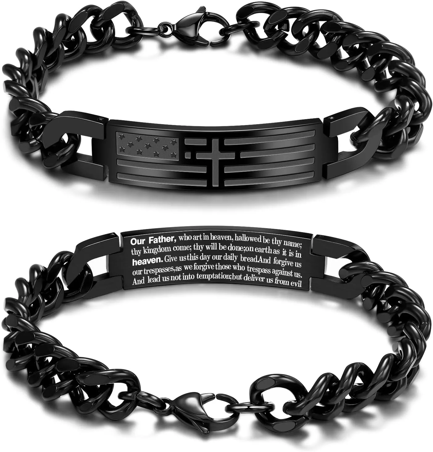 Saintda American Flag Dog Tag Cross Bracelet for Men - 13.5 Inch Black Cuban Chain with Bible Verse, Adjustable Length Religious Mens Jewelry for Faith