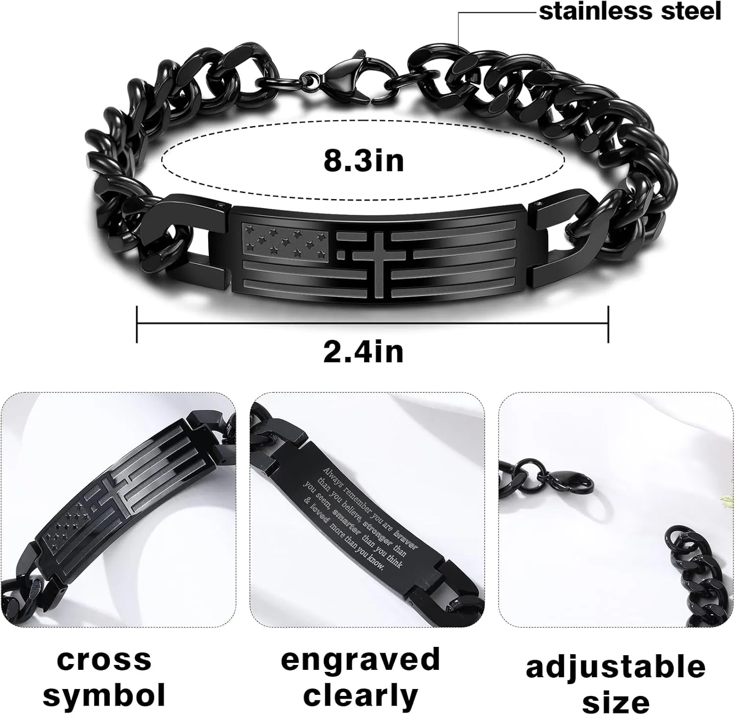 Saintda American Flag Dog Tag Cross Bracelet for Men - 13.5 Inch Black Cuban Chain with Bible Verse, Adjustable Length Religious Mens Jewelry for Faith