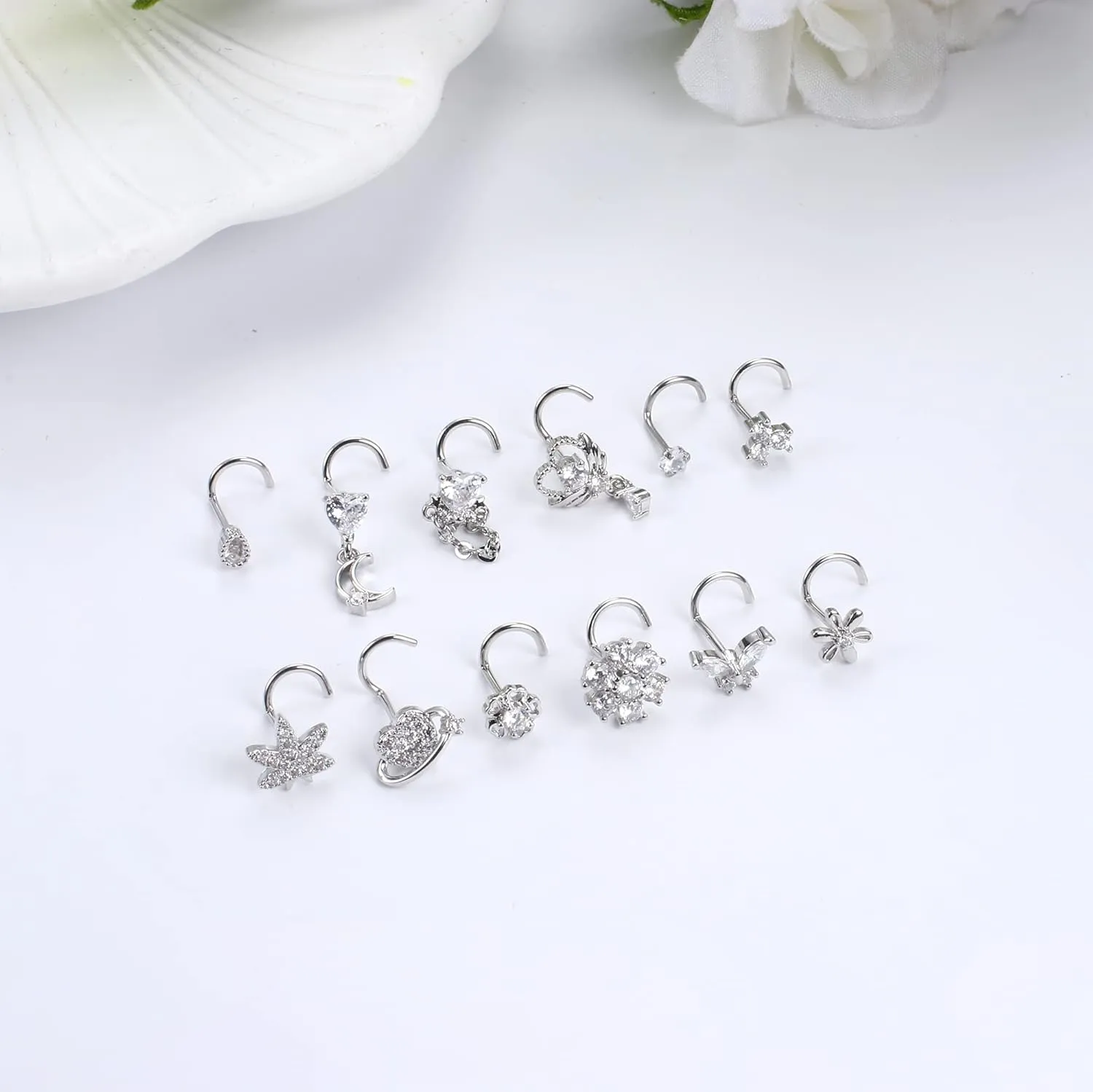Sanfenly 12 PCS 20G Nose Rings Surgical Stainless Steel, L Shaped Nose Studs for Women Men, CZ Heart Butterfly Flower Leaf Moon Dangle Cute Nose Piercings Studs Screw Jewelry Pink/Purple/Blue/Clear