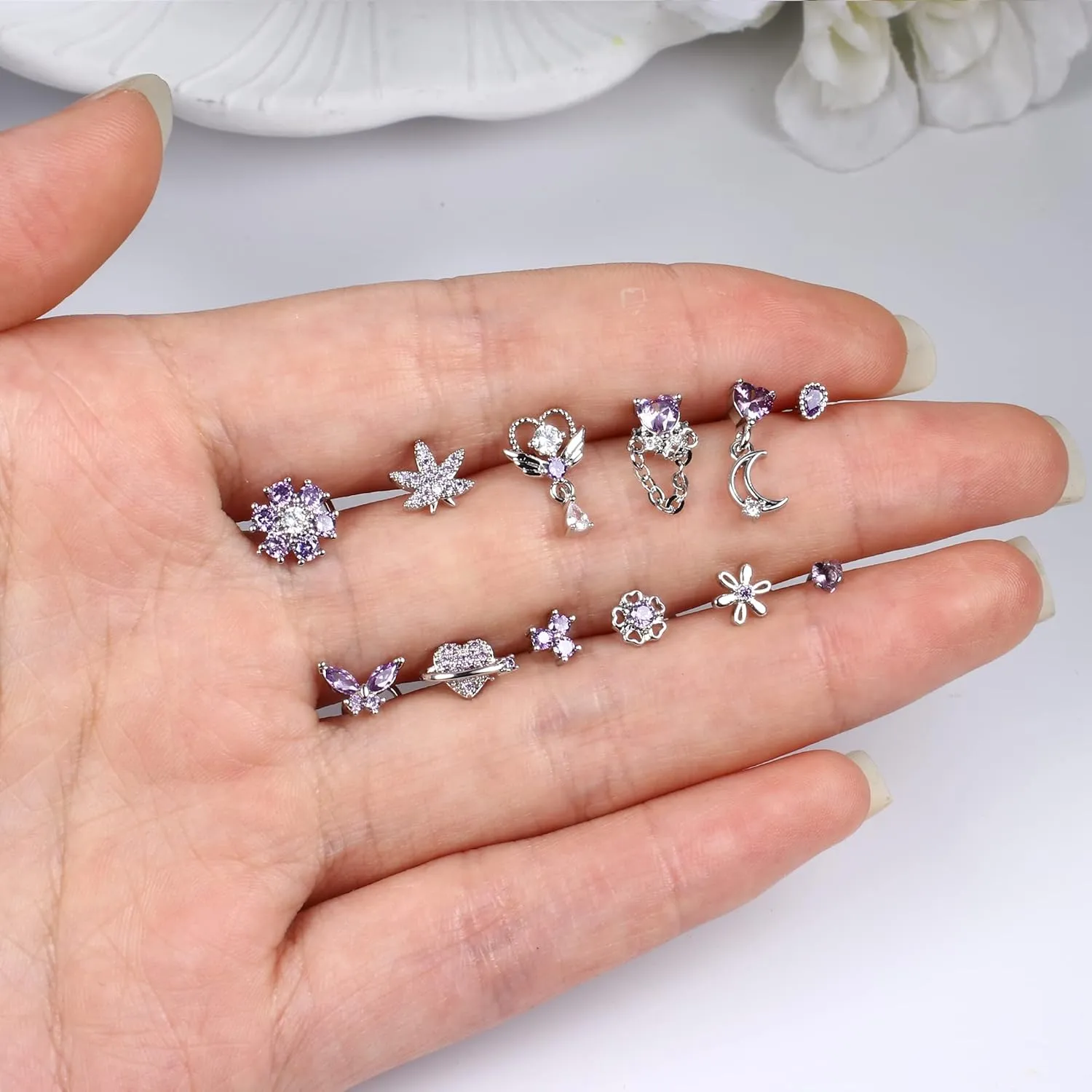 Sanfenly 12 PCS 20G Nose Rings Surgical Stainless Steel, L Shaped Nose Studs for Women Men, CZ Heart Butterfly Flower Leaf Moon Dangle Cute Nose Piercings Studs Screw Jewelry Pink/Purple/Blue/Clear