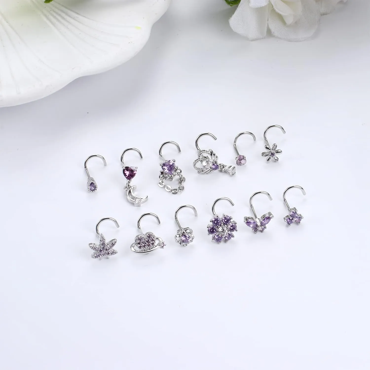 Sanfenly 12 PCS 20G Nose Rings Surgical Stainless Steel, L Shaped Nose Studs for Women Men, CZ Heart Butterfly Flower Leaf Moon Dangle Cute Nose Piercings Studs Screw Jewelry Pink/Purple/Blue/Clear