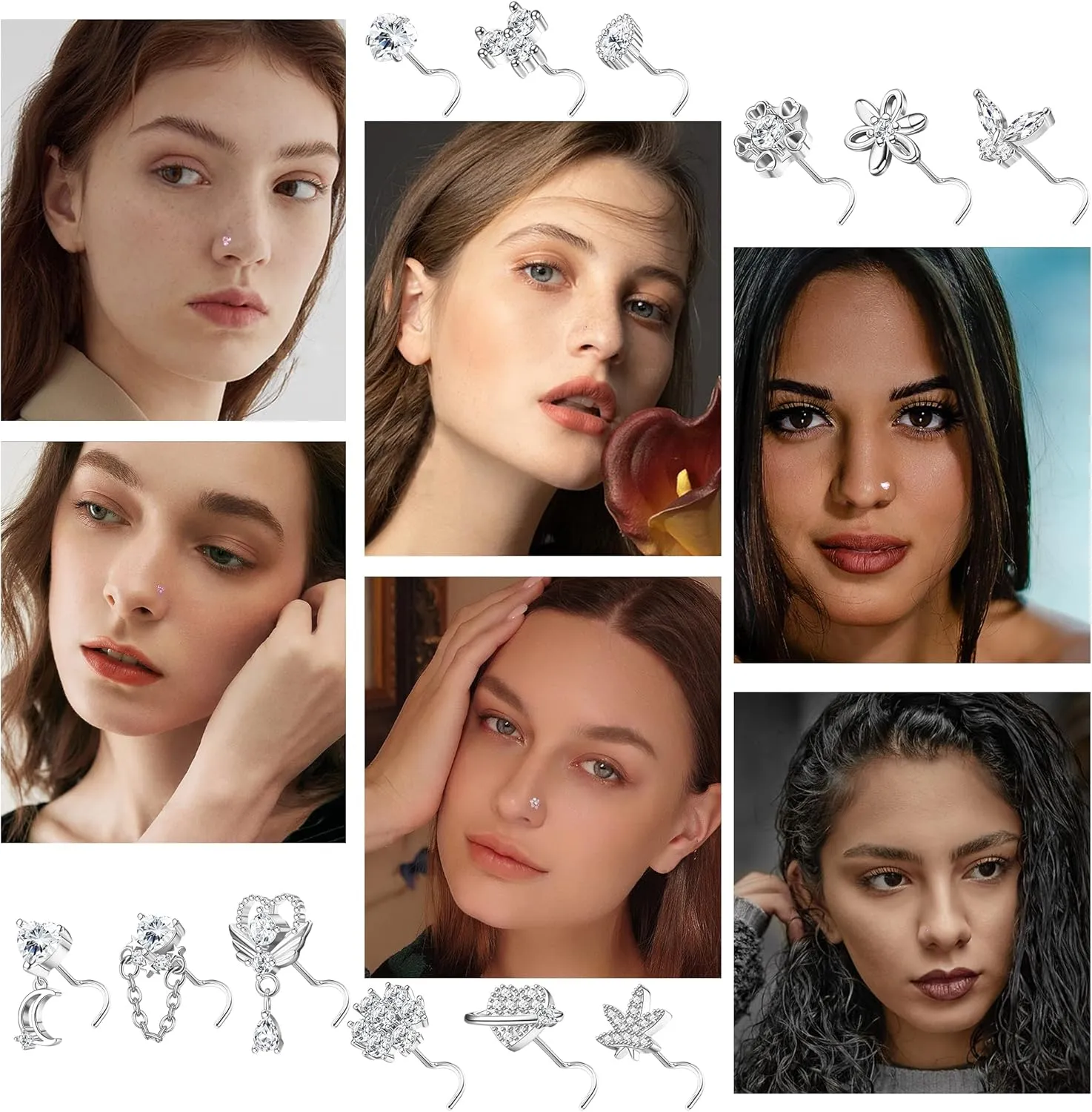 Sanfenly 12 PCS 20G Nose Rings Surgical Stainless Steel, L Shaped Nose Studs for Women Men, CZ Heart Butterfly Flower Leaf Moon Dangle Cute Nose Piercings Studs Screw Jewelry Pink/Purple/Blue/Clear