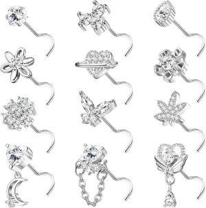 Sanfenly 12 PCS 20G Nose Rings Surgical Stainless Steel, L Shaped Nose Studs for Women Men, CZ Heart Butterfly Flower Leaf Moon Dangle Cute Nose Piercings Studs Screw Jewelry Pink/Purple/Blue/Clear