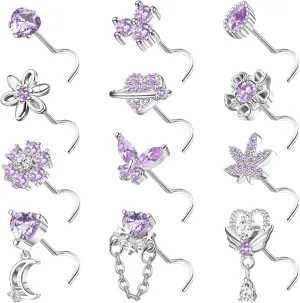 Sanfenly 12 PCS 20G Nose Rings Surgical Stainless Steel, L Shaped Nose Studs for Women Men, CZ Heart Butterfly Flower Leaf Moon Dangle Cute Nose Piercings Studs Screw Jewelry Pink/Purple/Blue/Clear