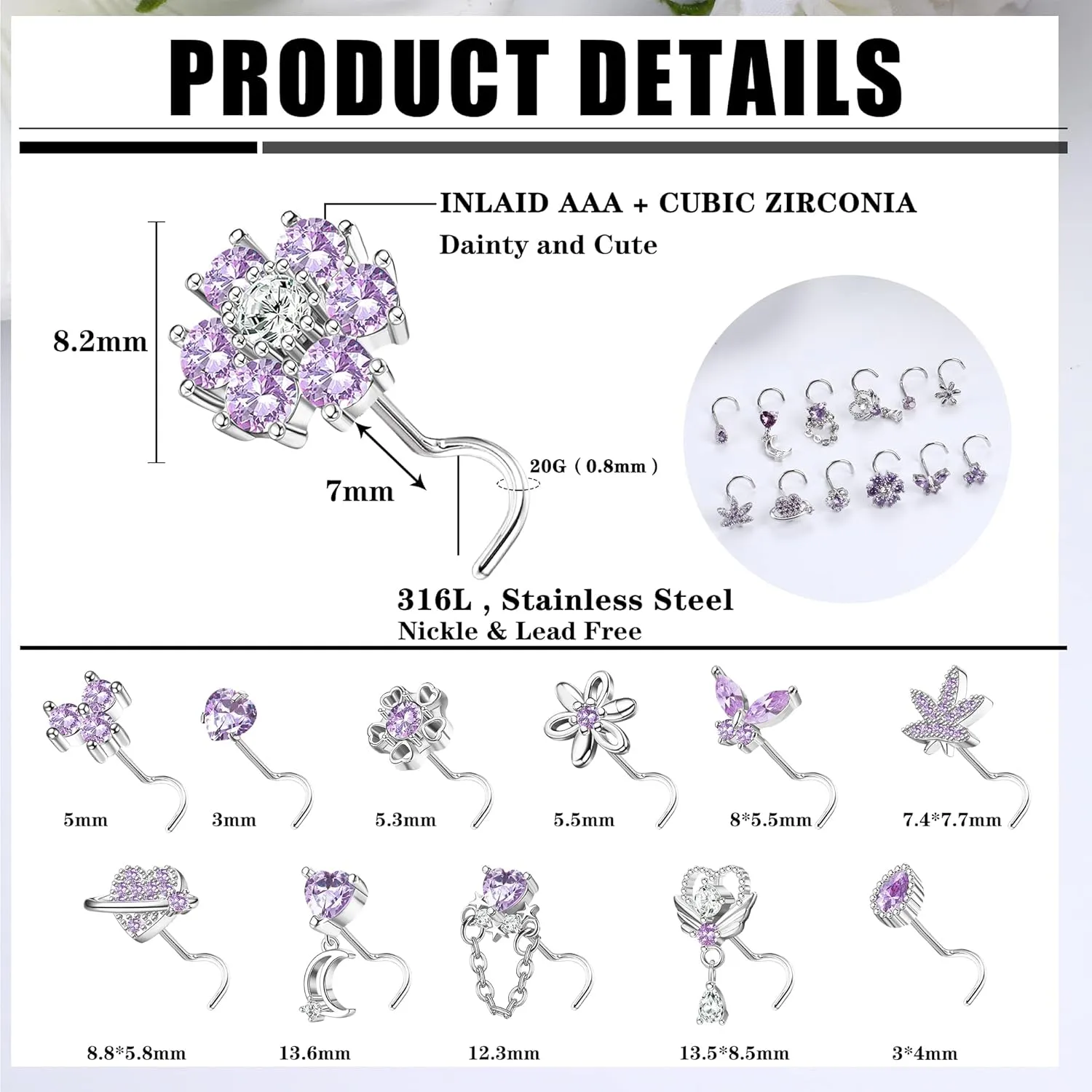 Sanfenly 12 PCS 20G Nose Rings Surgical Stainless Steel, L Shaped Nose Studs for Women Men, CZ Heart Butterfly Flower Leaf Moon Dangle Cute Nose Piercings Studs Screw Jewelry Pink/Purple/Blue/Clear