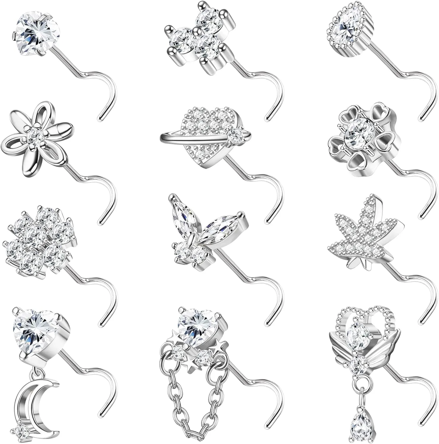 Sanfenly 12 PCS 20G Nose Rings Surgical Stainless Steel, L Shaped Nose Studs for Women Men, CZ Heart Butterfly Flower Leaf Moon Dangle Cute Nose Piercings Studs Screw Jewelry Pink/Purple/Blue/Clear
