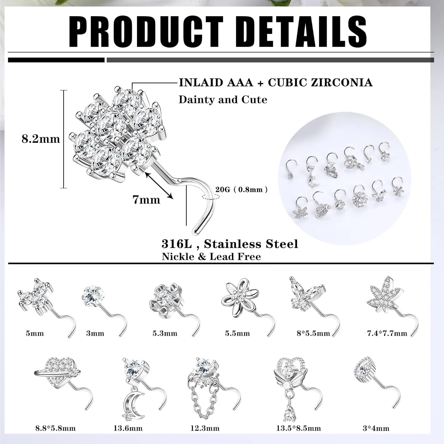 Sanfenly 12 PCS 20G Nose Rings Surgical Stainless Steel, L Shaped Nose Studs for Women Men, CZ Heart Butterfly Flower Leaf Moon Dangle Cute Nose Piercings Studs Screw Jewelry Pink/Purple/Blue/Clear
