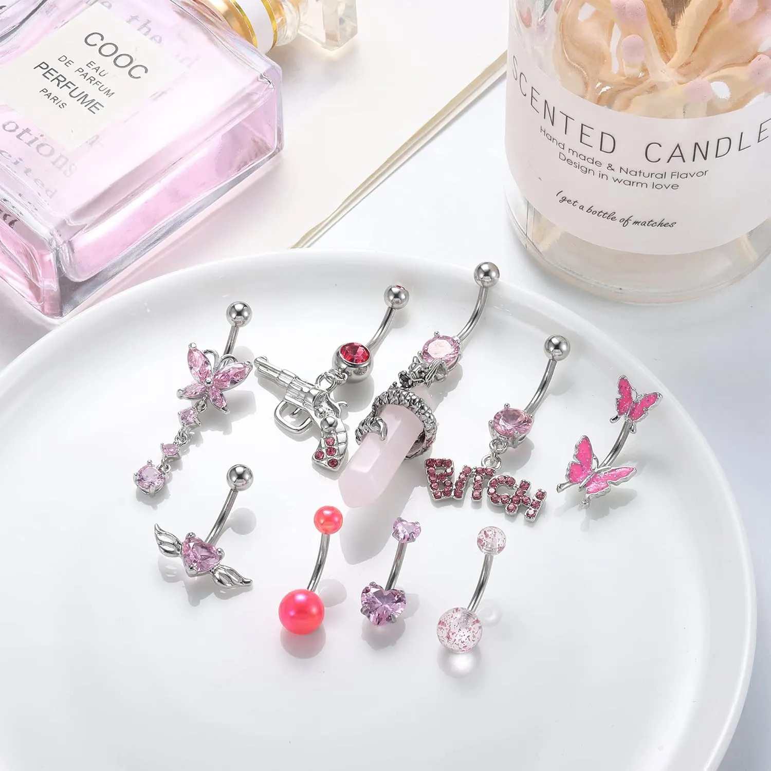 Sanfenly 14G Belly Button Rings Dangle Stainless Steel Navel Rings Pink CZ Heart Butterfly Belly Rings Dangling Belly Piercing Jewelry For Women
