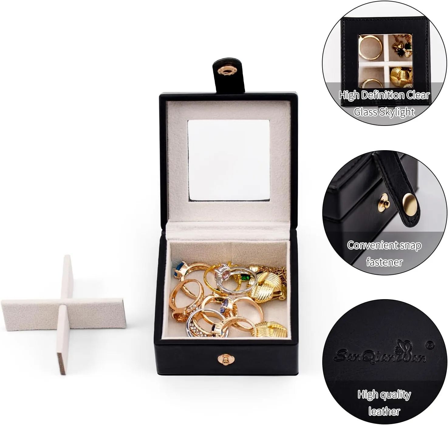 SANQIANWAN Small Leather Jewelry Box with Glass Top Mini Earring Display Case with 4 Grid for Selling Gift for Girls and Women (Black)