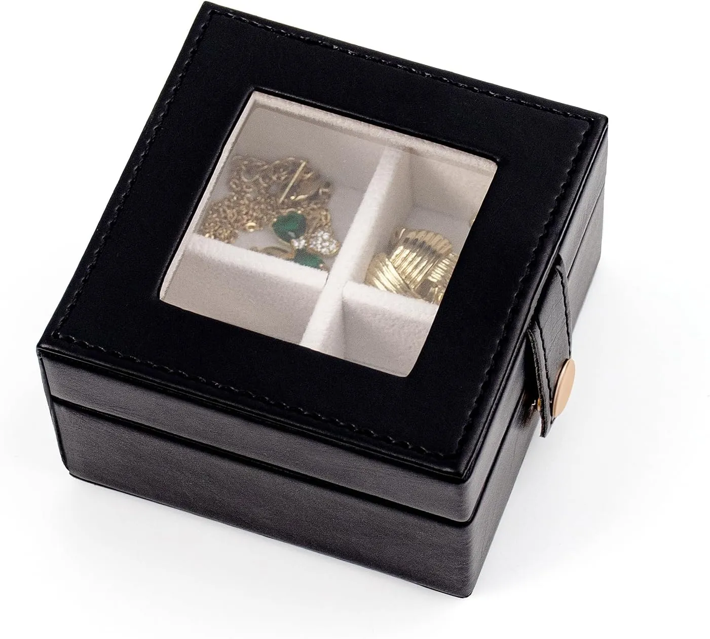SANQIANWAN Small Leather Jewelry Box with Glass Top Mini Earring Display Case with 4 Grid for Selling Gift for Girls and Women (Black)