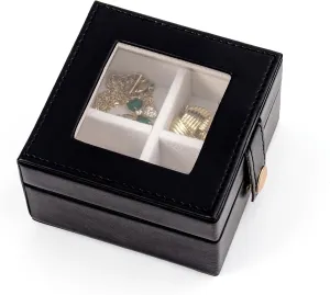 SANQIANWAN Small Leather Jewelry Box with Glass Top Mini Earring Display Case with 4 Grid for Selling Gift for Girls and Women (Black)