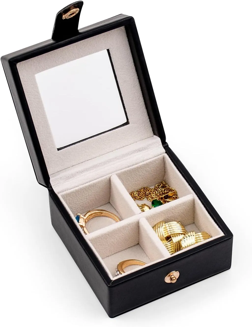SANQIANWAN Small Leather Jewelry Box with Glass Top Mini Earring Display Case with 4 Grid for Selling Gift for Girls and Women (Black)