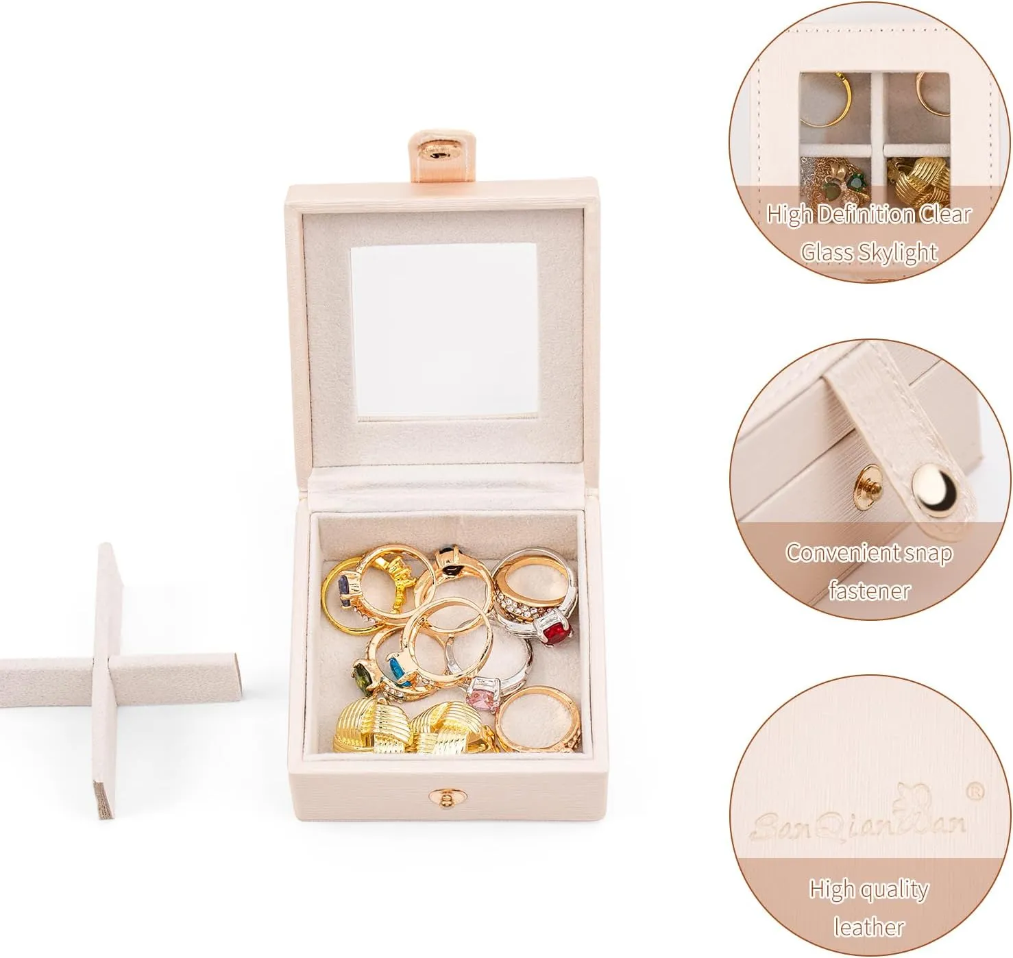 SANQIANWAN Small Leather Jewelry Box with Glass Top Mini Earring Display Case with 4 Grid for Selling Gift for Girls and Women (PearlWhite)