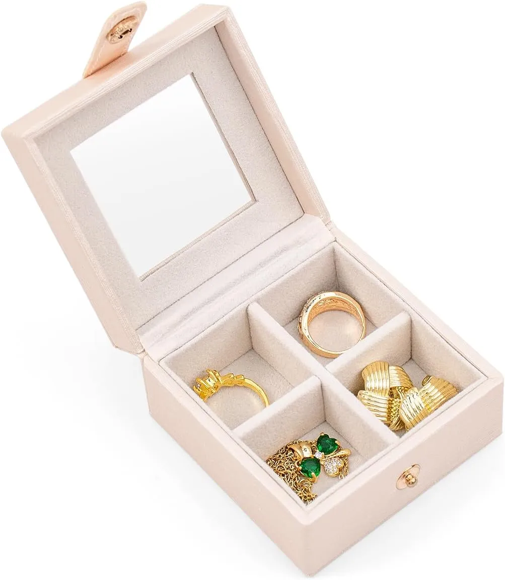 SANQIANWAN Small Leather Jewelry Box with Glass Top Mini Earring Display Case with 4 Grid for Selling Gift for Girls and Women (PearlWhite)